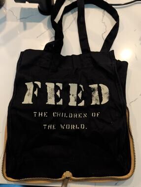 FEED Projects Black Canvas Packable Zip Tote Bag Eco Friendly Reusable Travel